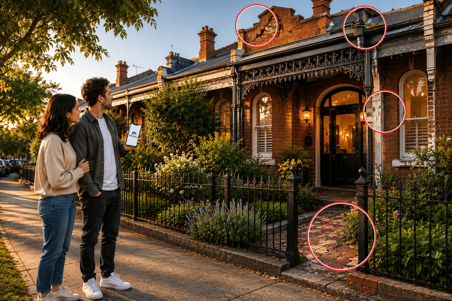 A couple reviewing a heritage property contract on Propli, with risks flagged on the house